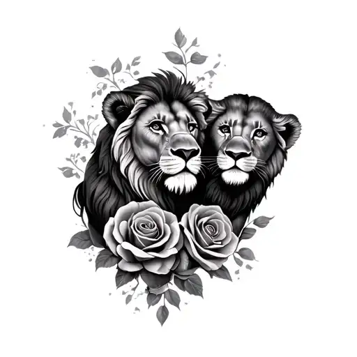 lion tattoos family with two cubs intertwined with roses tattoo design idea