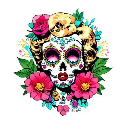 day of the dead sugar skulls with marilyn monroe mixed tattoo design idea