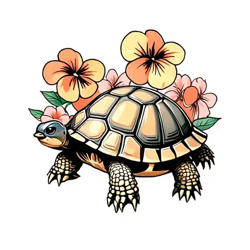 cartoon tortoise with peaches and pansies around it.  tattoo design idea