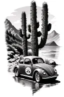 Cardin cactus, river, ocean, beach, mountains, VW bug race car tattoo design idea