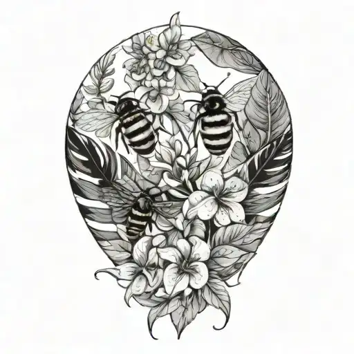 tropical leaves with flowers and bees tattoo design idea