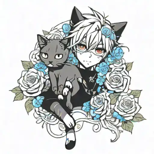 anime cat boy suronded by roses growing tattoo design idea