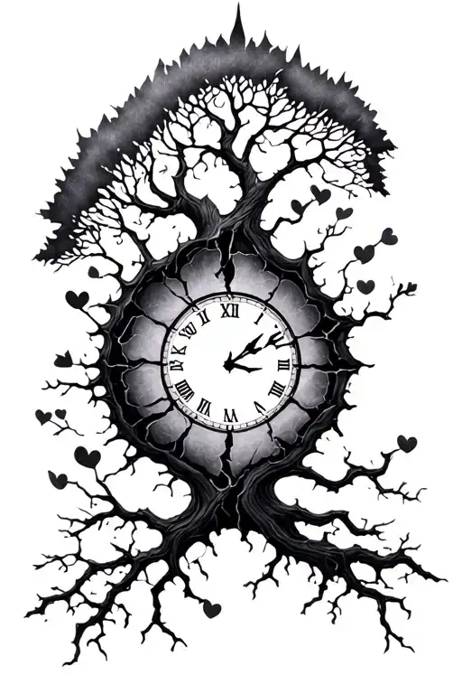 broken time, love and loss, family tree tattoo design idea