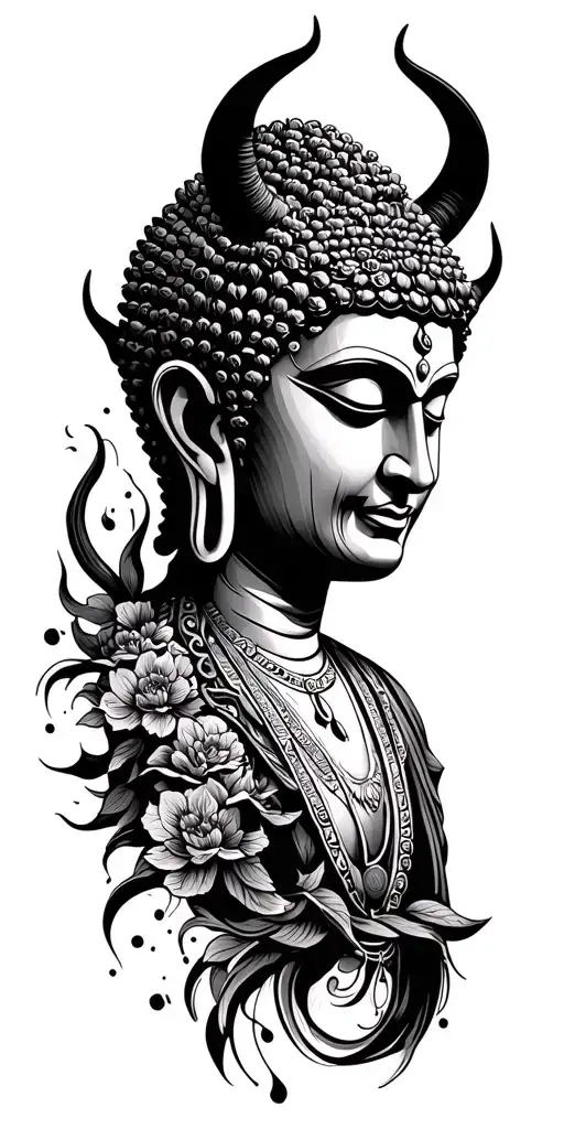 buda half meditating devil face tattoo design idea