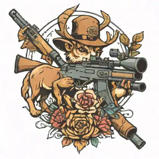 Deer, Sniper Rifle, dog, tattoo design idea
