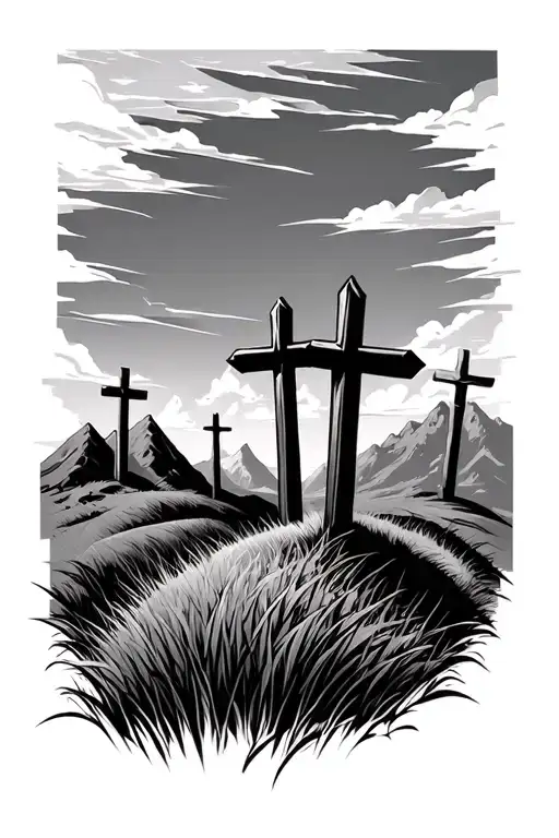 grassy hills with 3 crosses in background with mountains behind it tattoo design idea