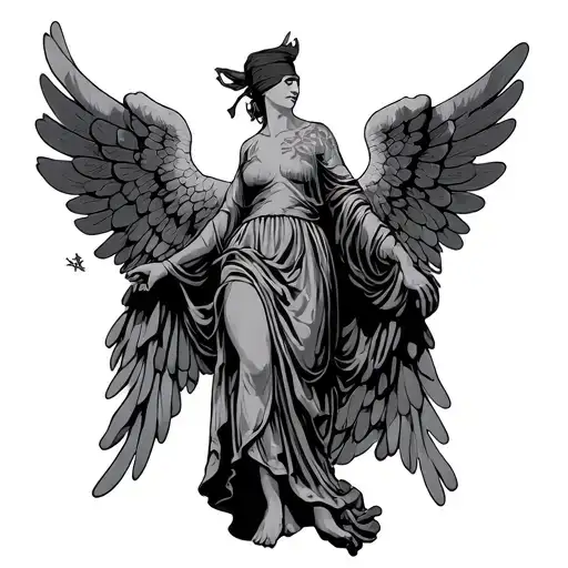 black and grey, Victory of Samothrace dress hanging from wires, no wings, bandana over eyes,  no body just dress tattoo design idea
