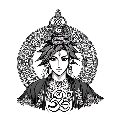 a Yugi man and written "om mani padme hum" around her like circle tattoo design idea