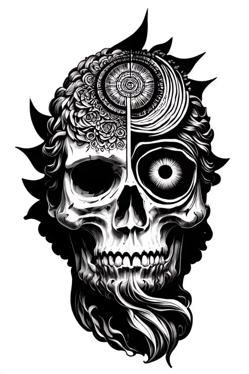 marcus aurelius face and half skull memento mori amor fati third eye Fibonacci sequence tattoo design idea