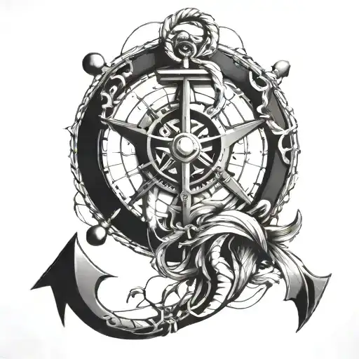 Incorporate a detailed anchor design with a nautical compass rose intertwined, symbolizing navigation and direction on the high seas tattoo design idea