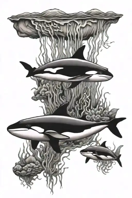 reef shaped like Jamaica with jellyfish and orca swimming tattoo design idea