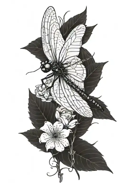dragon fly landing on flower with spider underneath flower in its web tattoo design idea