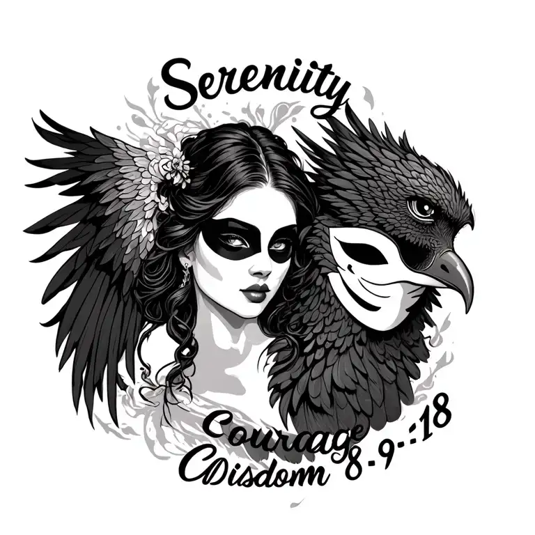 "Serenity Courage Wisdom 8-9-18"  Woman holding mask and phoenix tattoo design idea