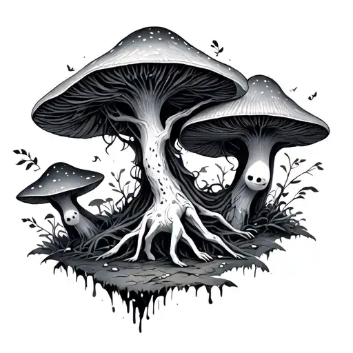 kodama tree spirit in mushroom forest tattoo design idea