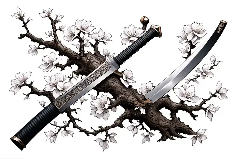 cherry blossom samurai sword thick branch surrounded tattoo design idea