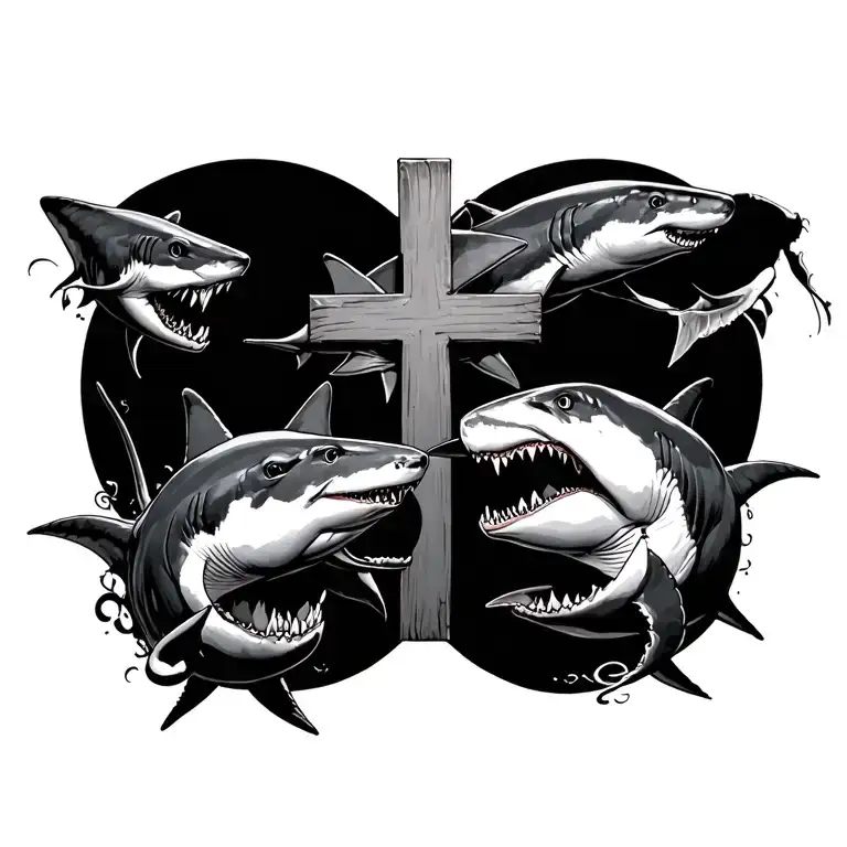 cross surrounded by sharks chasing each other tattoo design idea