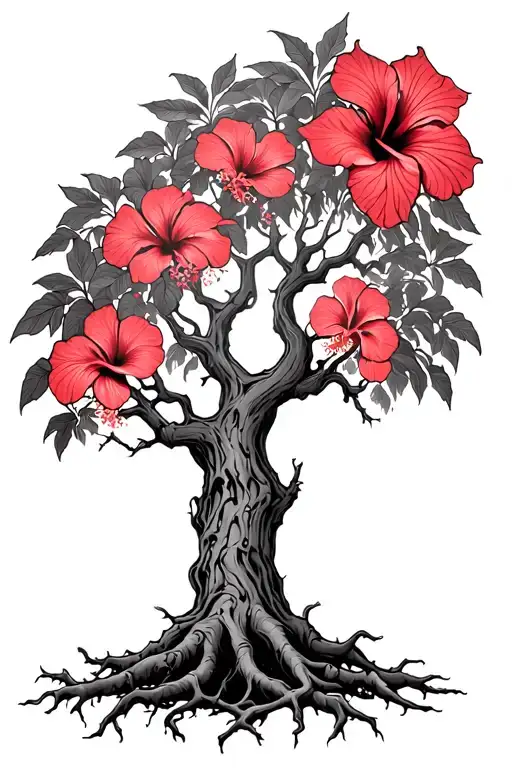 psychedelic gnarly tree with faded light red hibiscus flowers and roots tattoo design idea