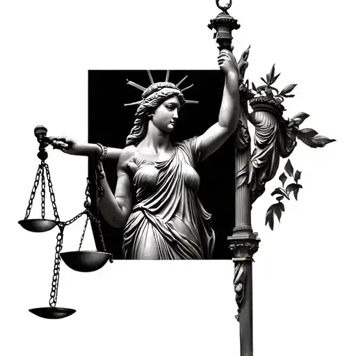 I want a full sleeve tattoo that has lady justice  tattoo design idea