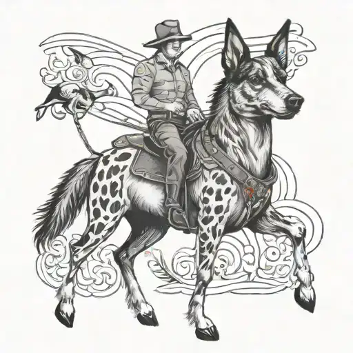 blue heeler with horse riding tattoo design idea