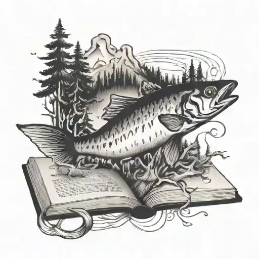 book, fish, mountain, blood type 0+, travels, forest, running tattoo design idea