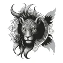 I want the idea of ​​a hand tattoo, a combination of lion owl and Yantra music tattoo design idea