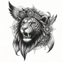 I want the idea of ​​a hand tattoo, a combination of lion owl and Yantra music tattoo design idea