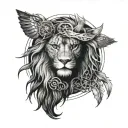 I want the idea of ​​a hand tattoo, a combination of lion owl and Yantra music tattoo design idea