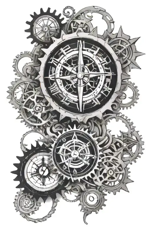 clock compass rose waves and gears forming tattoo design idea