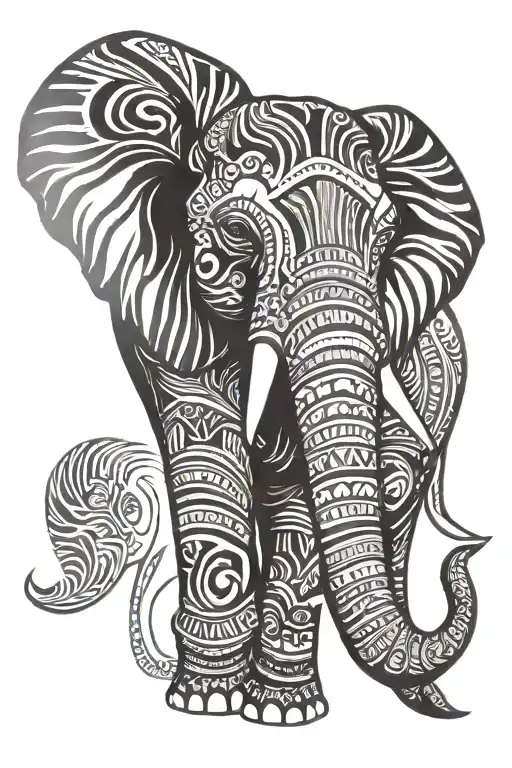 Face of african elephant from the front view with colorfull designs etched into skin tattoo design idea