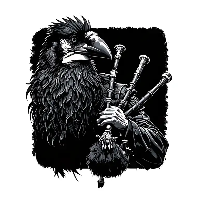  crow muscular with mans face bagpiper playing black bagpipes baldblack beard tattoo design idea