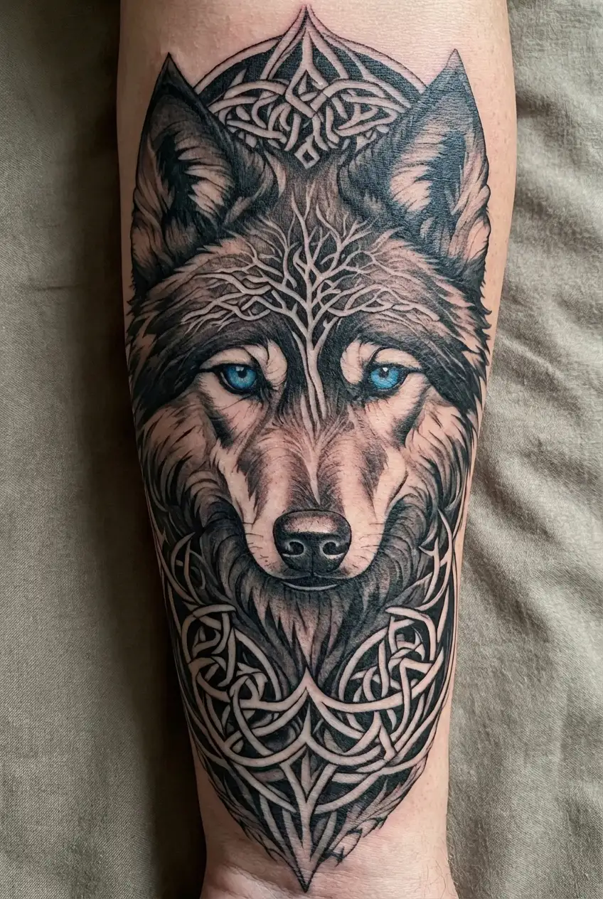 wolf with blue eyes featuring Celtic tree of life tattoo design idea