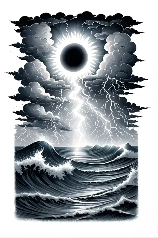  sun above thunder clouds with rain and lightning coming down on ocean waves tattoo design idea