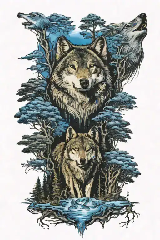 wolf in howling forest scene tattoo design idea