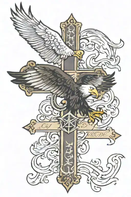 Cross with name and eagle flying tattoo design idea