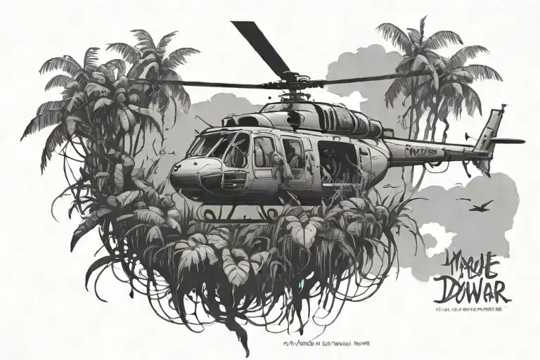 jungle around a helicopter sunk in a swamp, with the inscription make love don't war at the bottom tattoo design idea
