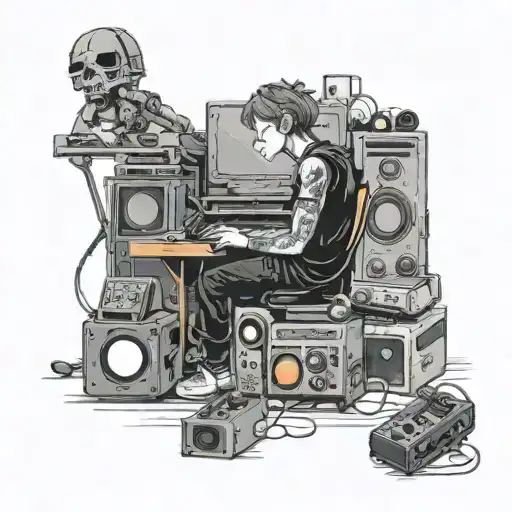 A solitary figure sitting in a room filled with video game consoles, guitars, and anime memorabilia, reflecting the theme of solitude amidst passions tattoo design idea