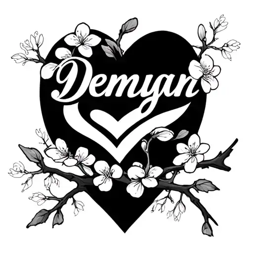 The name Demyan with a heart and cherry blossom flowers along with some branches around it with a special font fine line tattoo design idea