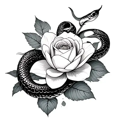 a snake wrapped around a white rose and water lily flower tattoo design idea