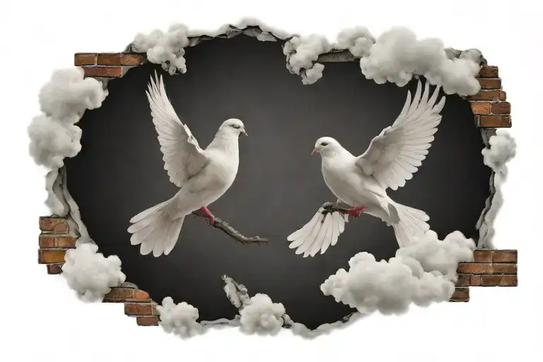 Dove, Clouds, Broken heart, 2 bricks tattoo design idea