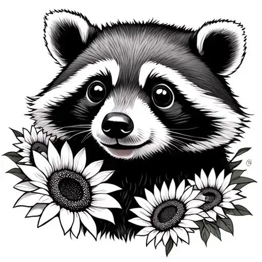 baby bear and racoon  in sunflowers tattoo design idea