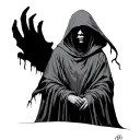 hooded shadow figure. Goth, Santa Madre vibes, expressing loneliness, sadness, torment, depression tattoo design idea