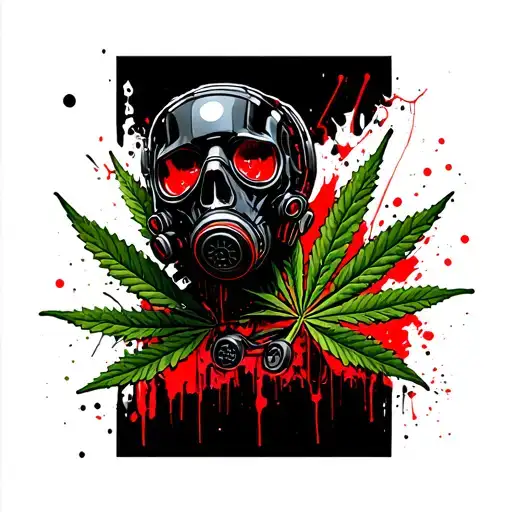 composition A black robot skull with gas mask,in the background a marijuana leaf tattoo design idea