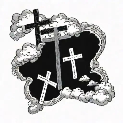 clouds, bible verse written, 3 crosses, tattoo design idea