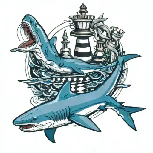 chess, sharks swimming inside tattoo design idea