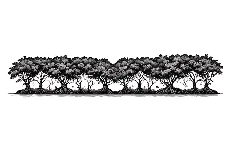 red mangroves in line next to each other, naturally accurate root systems and leaves showing,  no color tattoo design idea