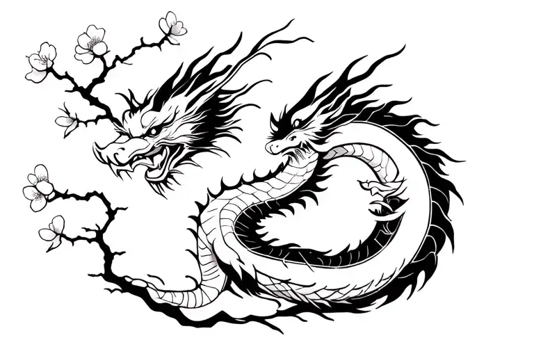 Chinese dragon with cherry blossom tree tattoo design idea