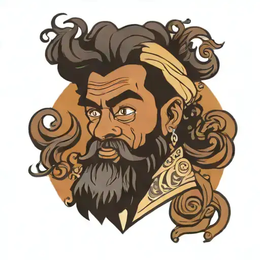 brown man curly hair bearded tattoo design idea