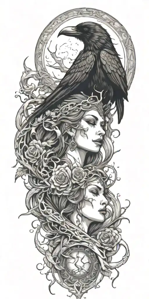goddess of death, raven, snake, moon tattoo design idea