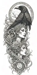 goddess of death, raven, snake, moon tattoo design idea