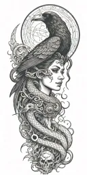 goddess of death, raven, snake, moon tattoo design idea